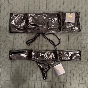 Meltdown Black Women's underwear Shiny Two-Piece Set